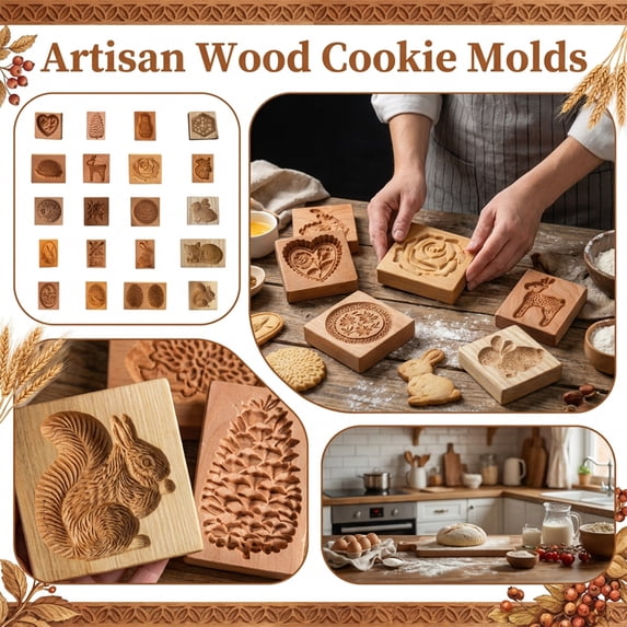 Beechwood Cookie Mold - Multi-Pattern Embossing Mold for Baking, Decorative Display, Handmade Cookies, Wooden Baking Tool, Kitchen Gift, Home Decor (Rectangular, 1 Piece)
