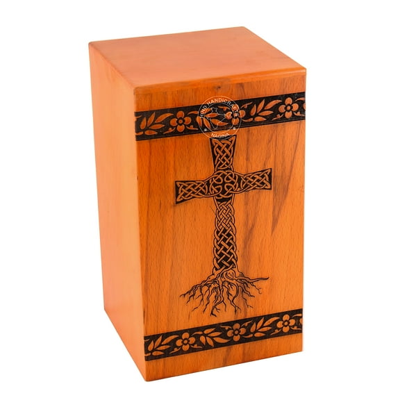 Beechwood Cremation Urns for Human Ashes Adult Large - Wooden Burial Urn for Columbarium - Funeral Urn Box (Celtic Cross - Tree Roots, 250 Cubic Inches - BW)