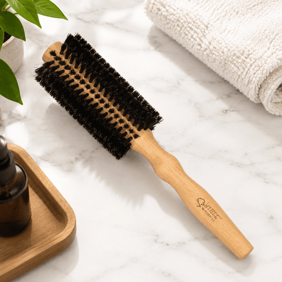Beechwood Hairbrush with Contoured Handle and Genuine Bristles for Curls, Bobs and Waves