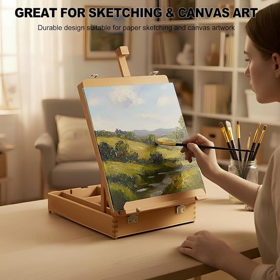 Beechwood Portable Sketchbox Easel - Adjustable Tabletop Stand w/Detachable Strap for Artists & Beginners