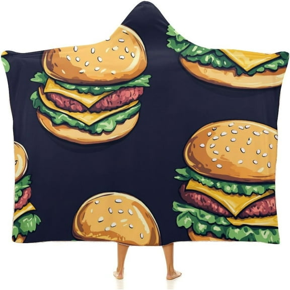 Beef Cheeseburger Hamburger Cozy Hooded Blanket Wearable Soft Wrap Throw Cape for Sofa Camping Gifts