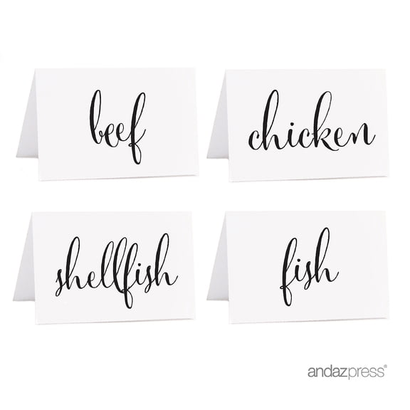 Beef, Chicken, Fish, Shellfish Black Food Station Buffet Menu Place Cards, Formal Black & White, 20-Pack