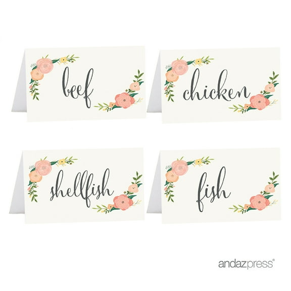 Koyal Wholesale Beef, Chicken, Fish, Shellfish Floral Roses Buffet Menu Place Cards, 20-Pack