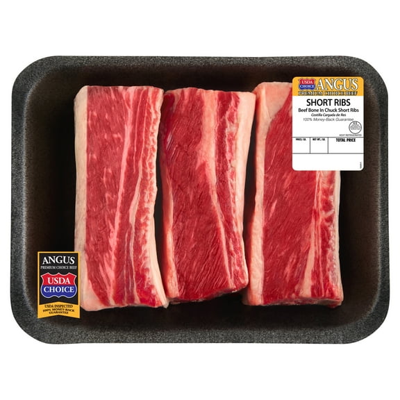 Chuck Short Ribs, Choice Angus Beef, Bone-in, 3 - 4 per Tray, Fresh, 1.1 - 2.1 lb