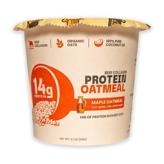 Beef Cakes Beef Collagen Protein Oatmeal, Maple Flavor, Instant Oatmeal, 12 pack