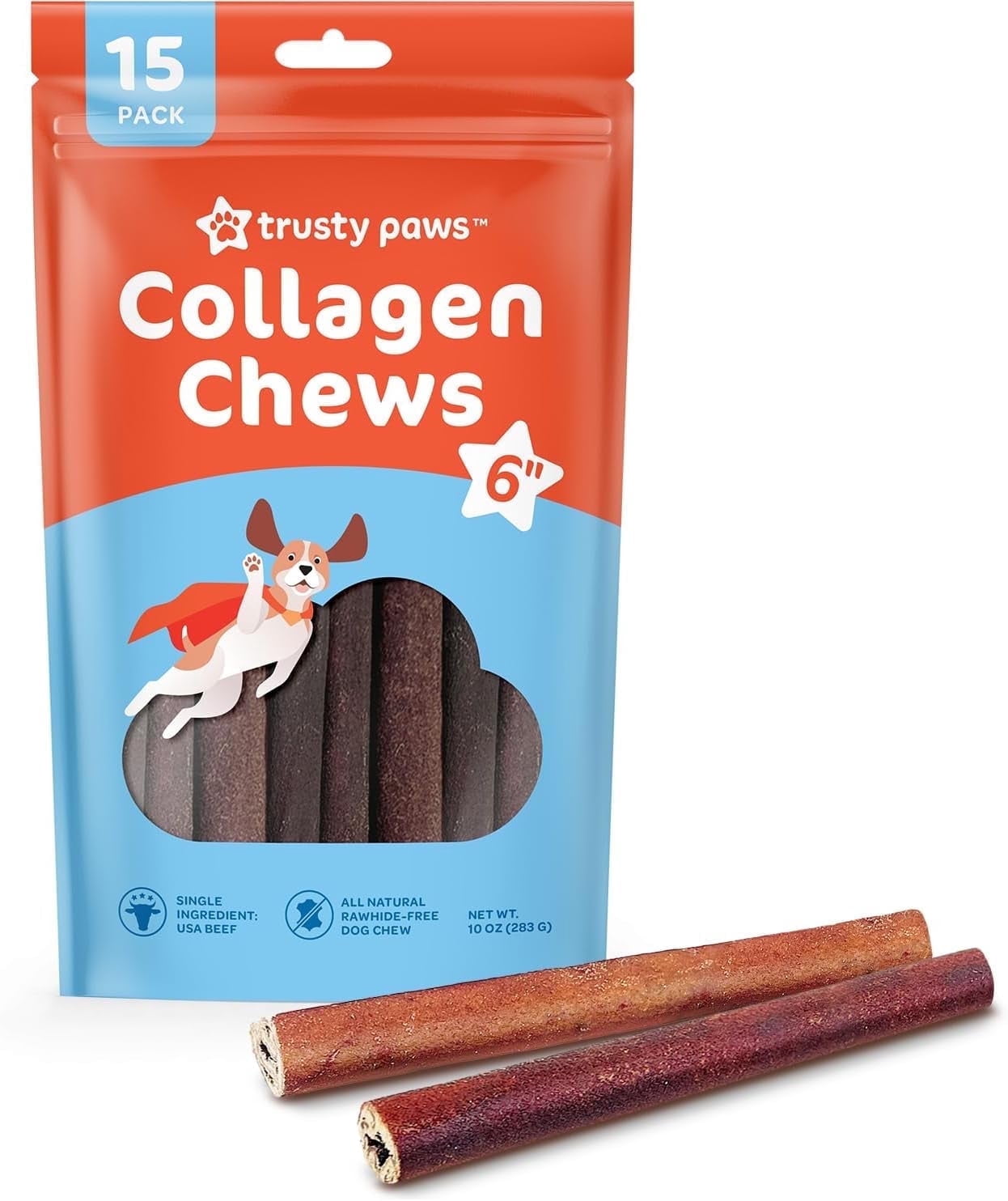 Trusty Paws Beef Collagen Sticks for Dogs, Rawhide-Free Dog Chew Treats, 10 oz, 15-Pack