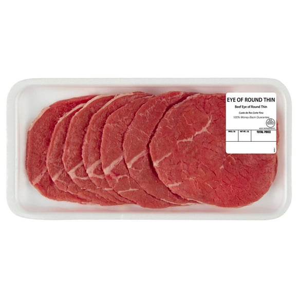 Thin Sliced Eye of Round Beef Steak, 7- 8 per Tray, Fresh, 0.56 - 1.75 lb