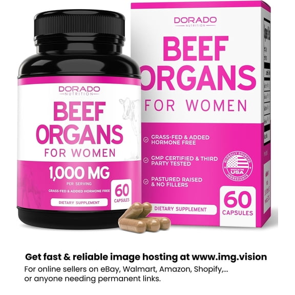 Beef Organ Supplement for Women - Grass Fed Beef Liver, Heart, Kidney & Uterus 1000mg Per Serving - Support Women's Energy & Overall Health - Third Party Tested & Non GMO - USA Made (60 Capsules)