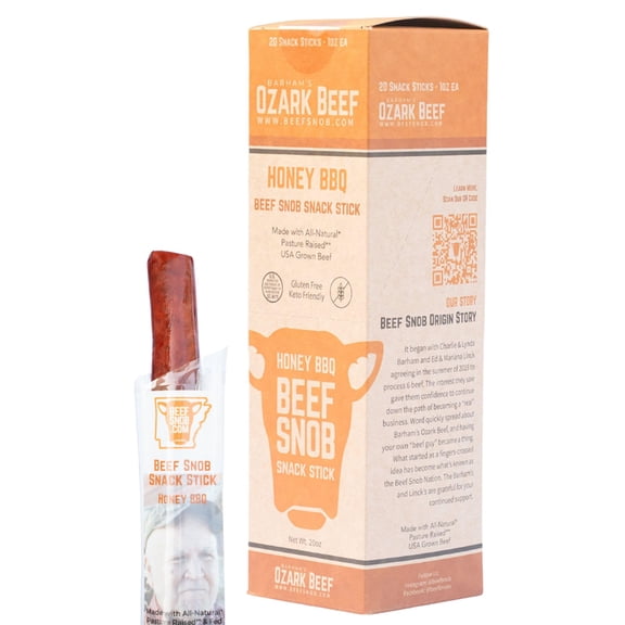 Beef Snob Honey BBQ Beef Snack Sticks, 20 Count, 1 oz Sticks, Gluten Free, Low Sugar, Protein Snack