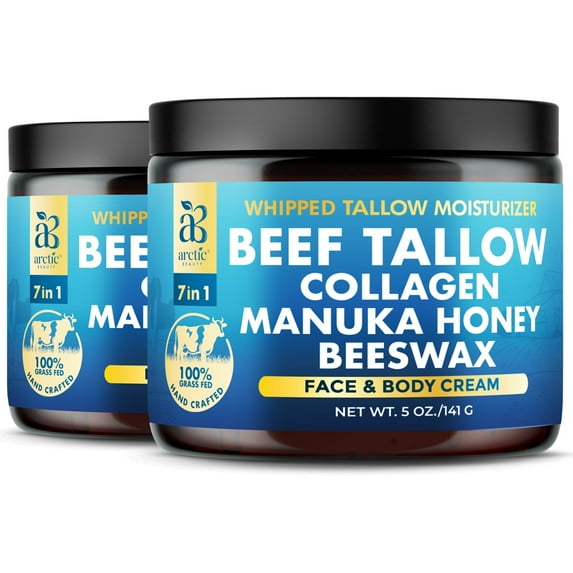 Beef Tallow, Organic Grass-Fed Beef Tallow Balm with Manuka Honey, Aloe Vera, Jojoba Oil, Olive Oil, Beeswax & Collagen, Natural Moisturizer for Face, Body & Lips, Hydrates Dry, Cracked Skin, 5oz