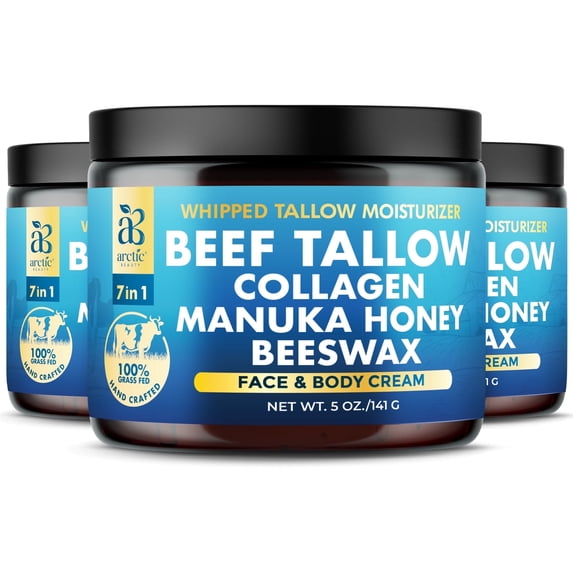 Arctic Beauty Beef Tallow Face & Body Moisturizer with Manuka Honey, Aloe Vera, Jojoba Oil & Wild Blueberries – Natural Tallow Cream for Sensitive, Dry Skin 3PK