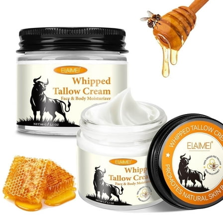 Beef Tallow for Skin - Organic Grass-Fed Whipped Beef Tallow and Honey Balm - Deeply Moisturizing for Face & Body - Natural Skin Care for Soft, Supple Skin - 2Pack