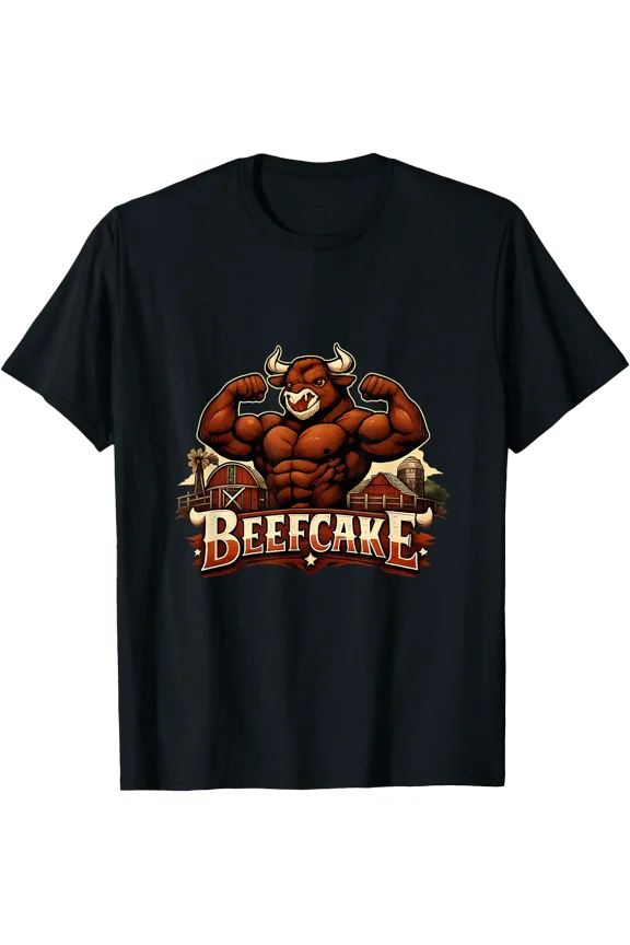 Beefcake Country Farm Pun Cartoon Bull Barn Graphic T-Shirt , Vintage T-Shirt