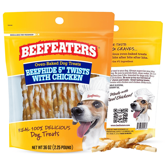 Beefeaters Beefhide 5in Twist Sticks with Real Chicken 36oz - Dog Rawhide Chews for Clean Teeth & Training, High Protein Dog Treat Chews, Chicken Wrapped Rawhide Sticks, No Artificial Colors or Flavo
