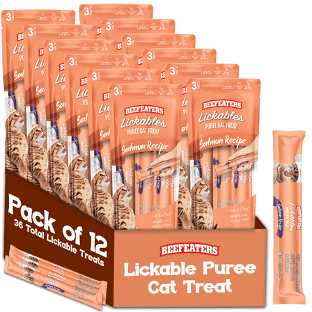 Beefeaters Salmon Lickable Cat Treats, 12 Squeeze Tube Puree Packs – Grain-Free, No Sugar, with Taurine, Ideal for Hand-Feeding & Toppers