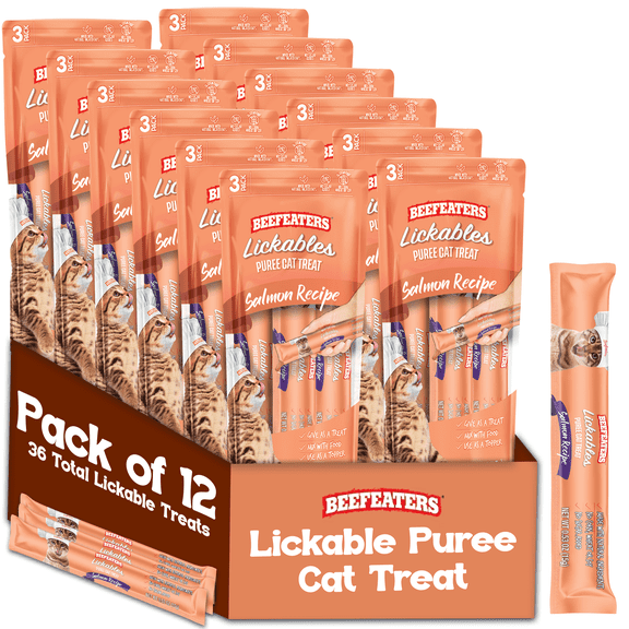 Beefeaters Salmon Lickable Cat Treats, 12 Squeeze Tube Puree Packs  Grain-Free, No Sugar, with Taurine, Ideal for Hand-Feeding & Toppers