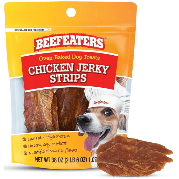 Beefeaters Chicken Jerky Strips for Dogs 38oz, 100% Real Chicken Breast, Oven-Baked, Grain-Free Dog Treats for Training & Rewards, High Protein, Low Fat, Resealable Bag, All Life Stages