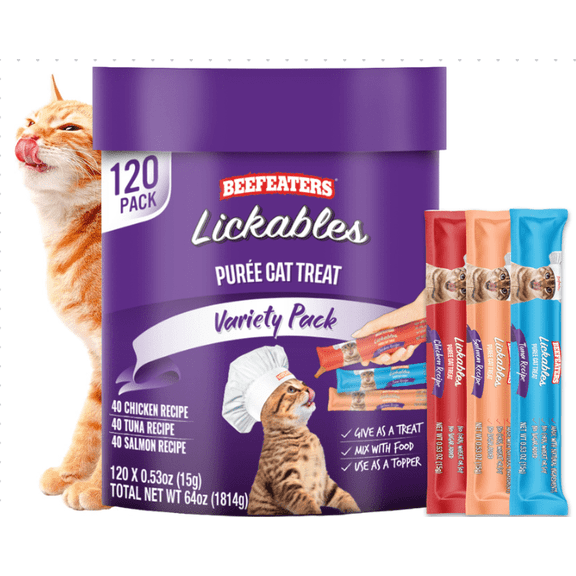 Beefeaters Lickable Wet Cat Treats Variety Pack, Creamy Squeezable Puree - Salmon Tuna Chicken for Hydration & Training, Grain Free, Taurine Enriched, High Moisture, 0.53 Ounces Tube, 120 Tubes Total