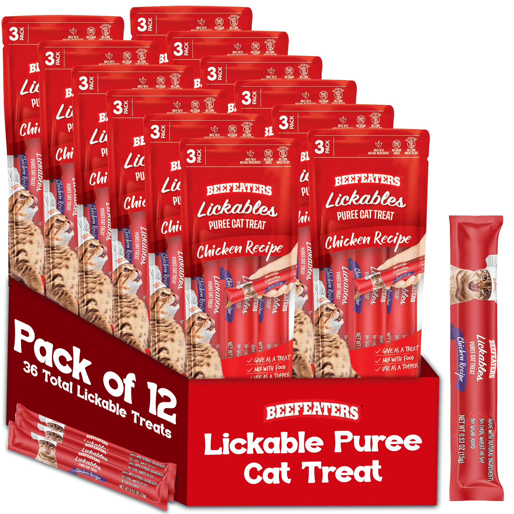 Beefeaters Chicken Lickable Cat Treats, 12 Squeeze Tube Puree Packs ...