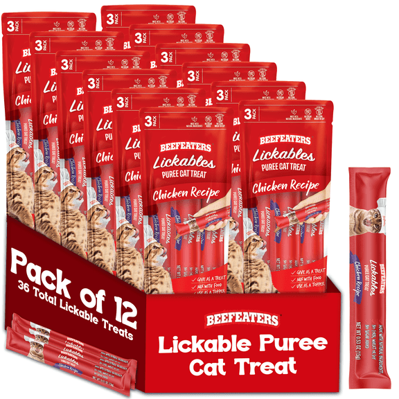 Beefeaters Chicken Lickable Cat Treats, 12 Squeeze Tube Puree Packs – Grain-Free, No Sugar, with Taurine, Ideal for Hand-Feeding & Toppers