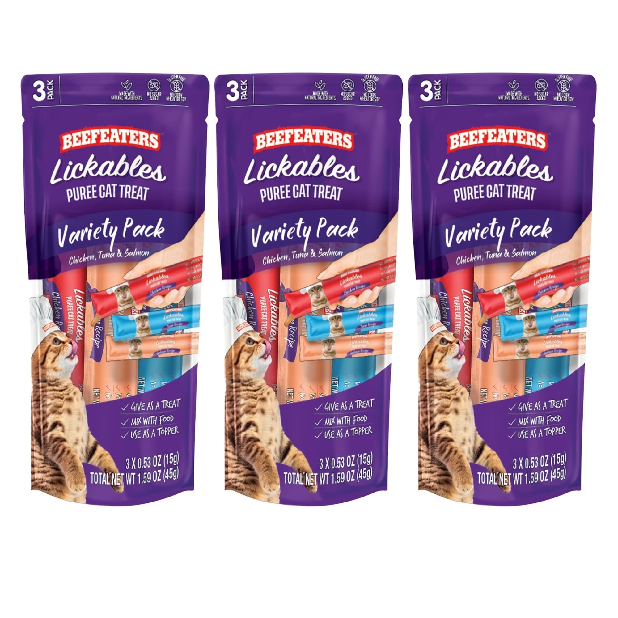 Beefeaters Lickables Puree Recipe Cat Treat Variety Pack Lickable Squeezable No Sugar Added Wet Feline Treats for Snacks Rewards Training Treating