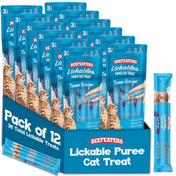 Beefeaters Tuna Lickable Cat Treats, 12 Squeeze Tube Puree Packs – Grain-Free, No Sugar, with Taurine, Ideal for Hand-Feeding & Toppers