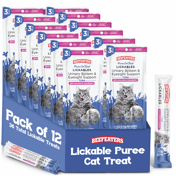 Beefeaters Urinary Cat Treats Lickables 1.59oz (12 Pack), Tuna with Salmon & Cranberry Puree Cat Treats, Taurine for Eye Support, Grain Free, No Sugar Added, Squeezable Cat Food Topper, 3 x 0.53 oz