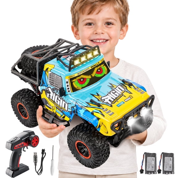 Beefunni RC Monster Truck, 1:10 Scale 4WD Off-Road Remote Control Car for Kids with 2.4GHz Control, Light-Up Eyes, 2 Batteries