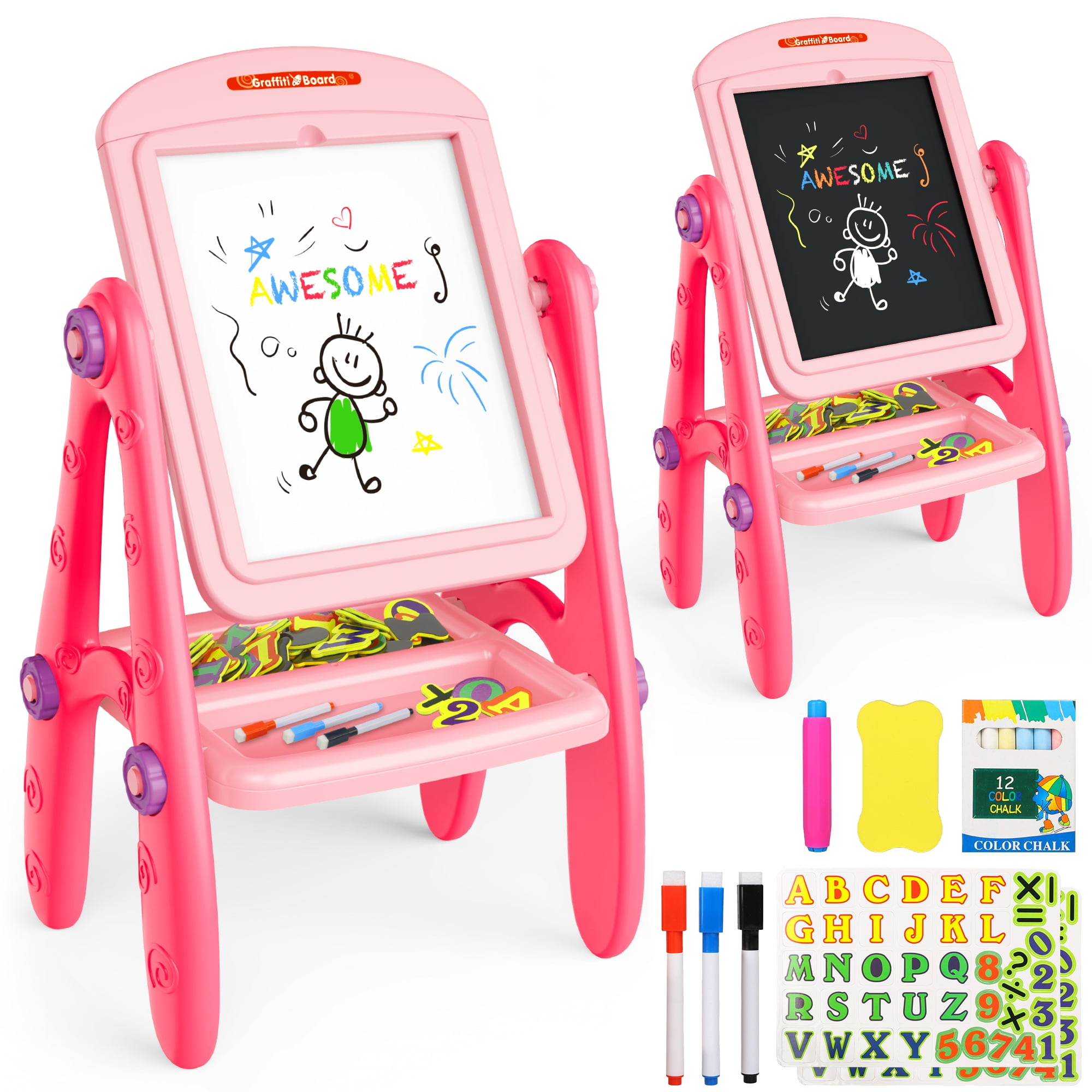 Beefunni 2 in1 Kids Easel,Pink, Drawing & Learning Board Gifts for