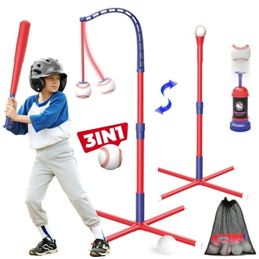 Beefunni 3-in-1 Baseball Set for Toddlers Kids 3-8 - Tee Ball Stand, Hanging Tee, Ball Launcher and 6 Baseballs -  Indoor/Outdoor Sport Gifts for Boys (Red&Blue)