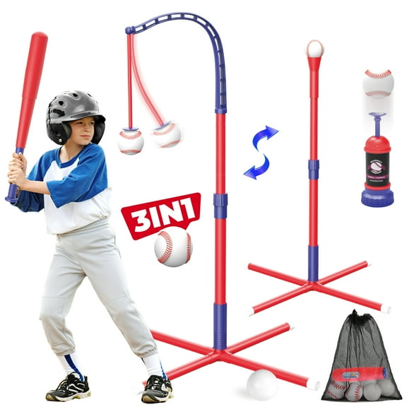 Beefunni 3-in-1 Baseball Set for Toddlers Kids 3-8 - Tee Ball Stand, Hanging Tee, Ball Launcher and 6 Baseballs -  Indoor/Outdoor Sport Gifts for Boys (Red&Blue)