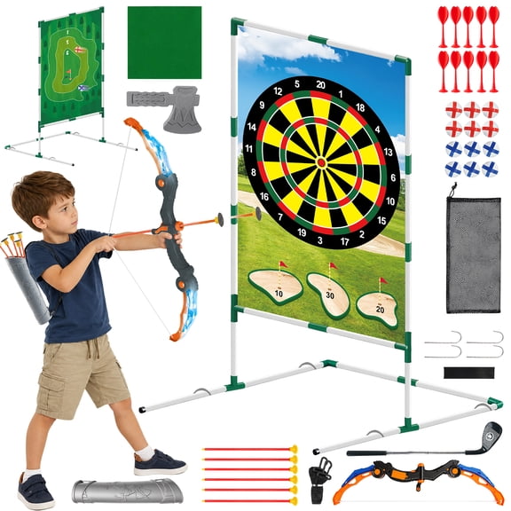 Beefunni 4 in 1 Kids Sports Game Set with Archery, Golf, Throwing Dart Target and Soft Axe Toss, Indoor Outdoor Family Target Playset with Storage Bag Gift for Boys Girls