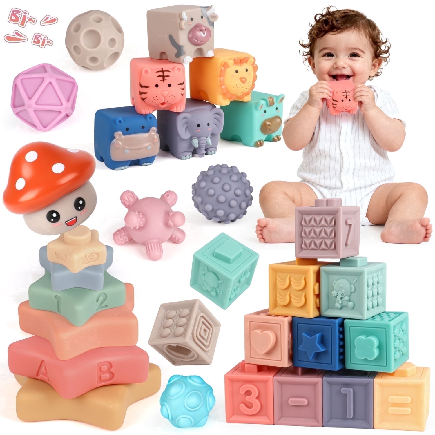 Beefunni Baby Toys 6-12 Months,Montessori Toys Soft Baby Teething Toys, Stacking Building Blocks, Sensory Development Educational Toys for Baby 12-18 Months