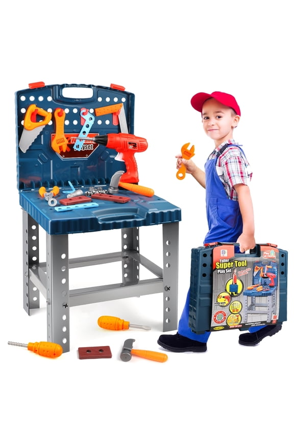 56 Pcs Kids Tool Bench Play Set, Foldable Pretend Workbench Accessories, Realistic Power Tools Workshop Construction Toys with Drill, Gift Toys for Boys Girls 3 4 5 6+