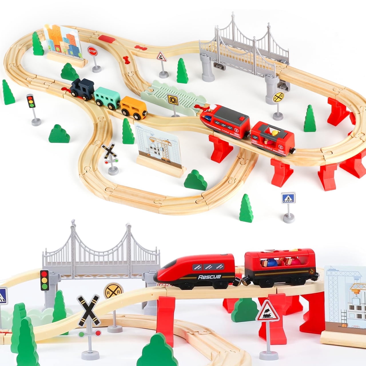 Beefunni 72PCS Wooden Train Set for Toddlers, Train Set TrackBirthday Christmas Train Toy Gift for Boys Girls 3 4 5 6 Years Old