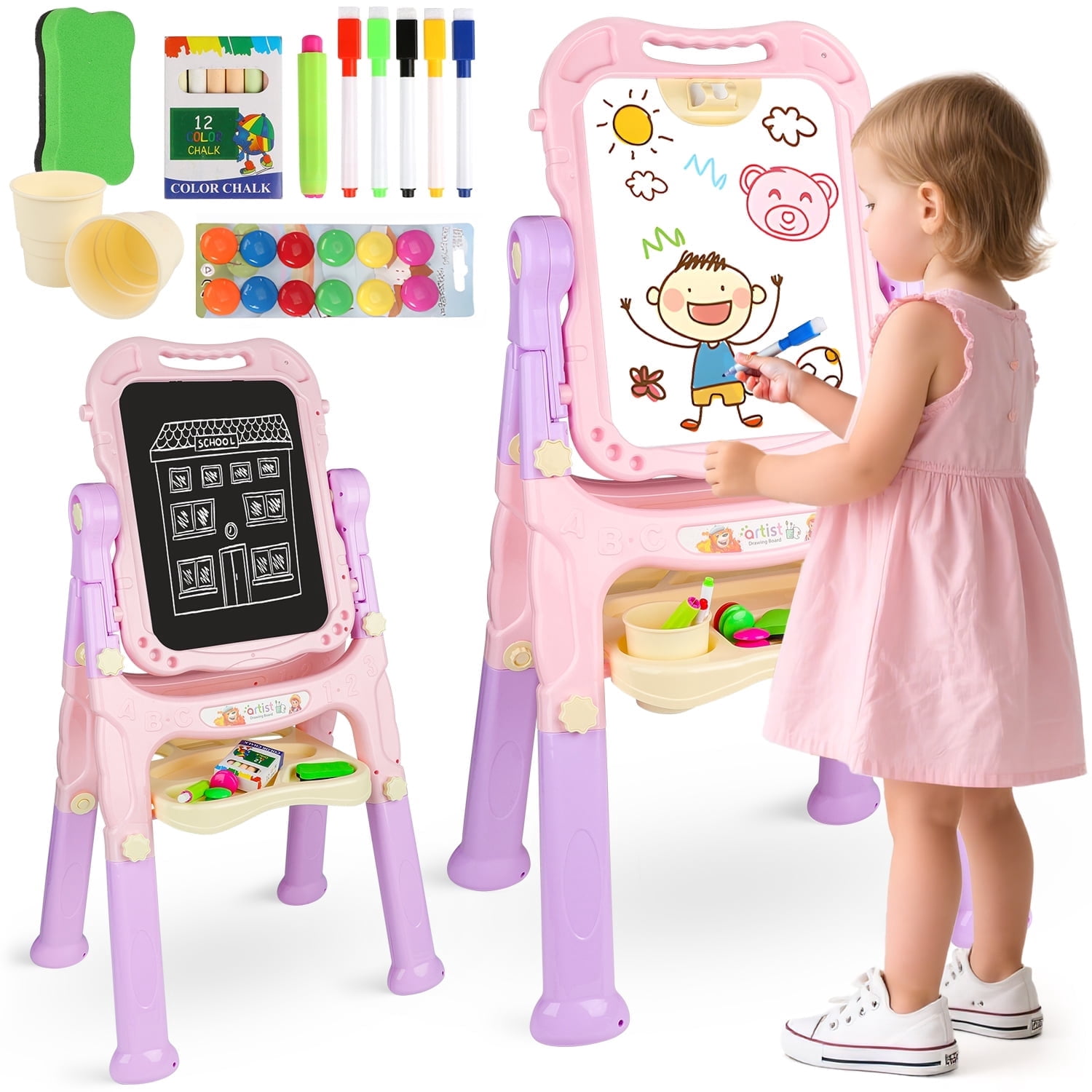 Beefunni Art Easel for Kids 3+, 4 in1 Double-Sided Easel for Toddlers, Large Magnetic Board, Portable Drawing White Board & Chalkboard, Birthday Gifts for Girls 3 4 5 6