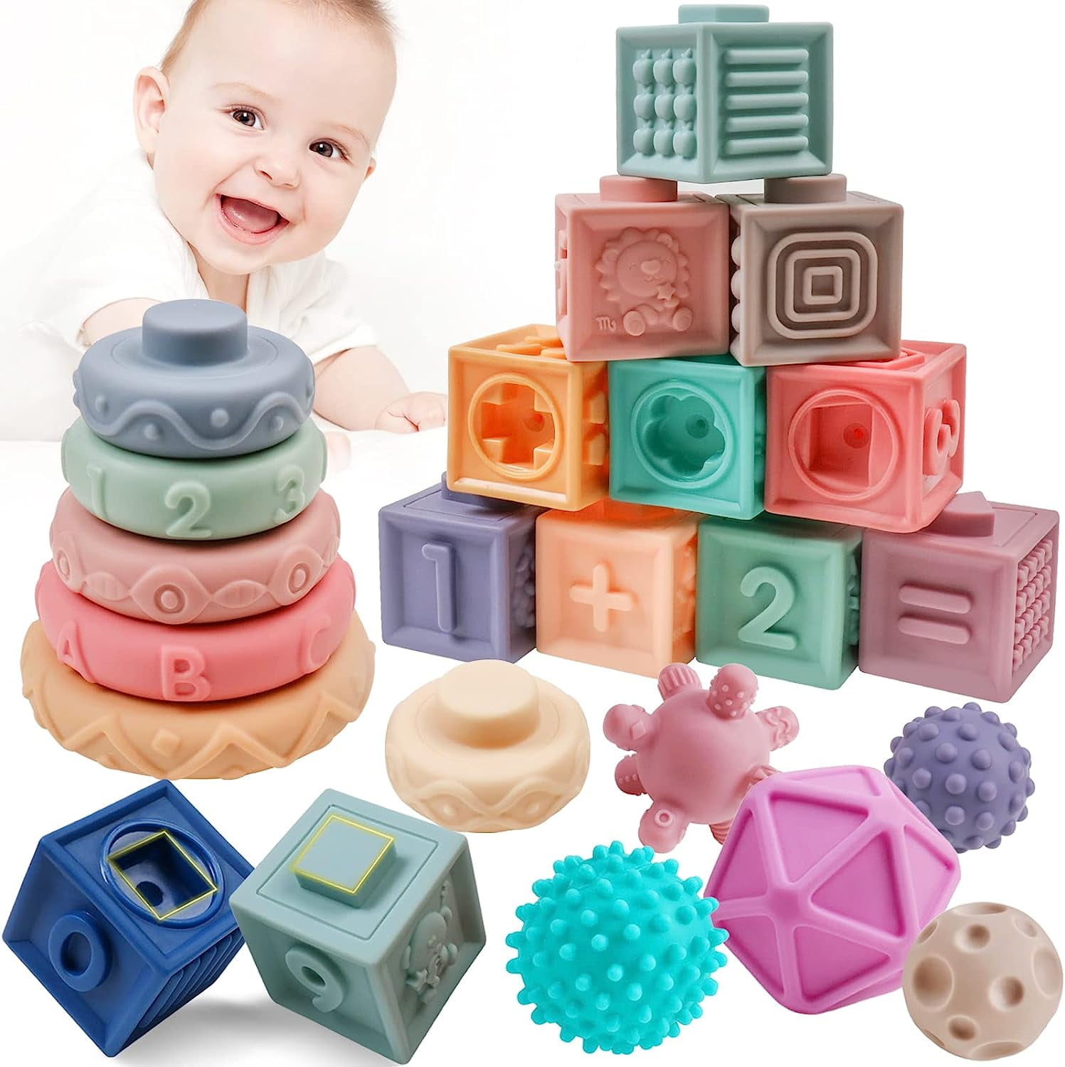 Infantino Super Soft Building Blocks, Easy-to-Hold for Babies & Toddlers,  BPA-Free, Multi-Colored, 12-Piece Set