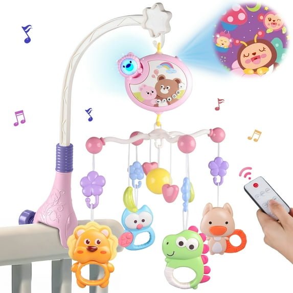 Beefunni Baby Crib Mobile with Music and Light, Nursery Musical Mobile for Bassinets Toys Hanging Girls Toddlers Infants, Pink
