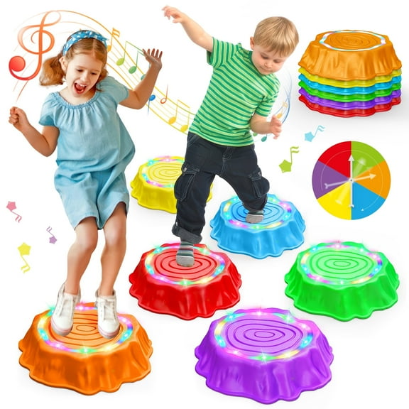 Beefunni Balance Stepping Stones for Kids, 6pcs Non-Slip Toddler Stepping Stones with Light and Music, Toddler Sensory Toy, Coordination Game Toys, Indoor & Outdoor Toys for Kids 3-5
