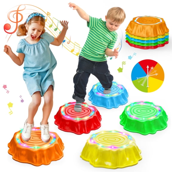 Beefunni Balance Stepping Stones for Kids, 5pcs Non-Slip Toddler Stepping Stones with Light and Music, Toddler Sensory Toy, Coordination Game Toys, Indoor & Outdoor Toys for Kids 3-5