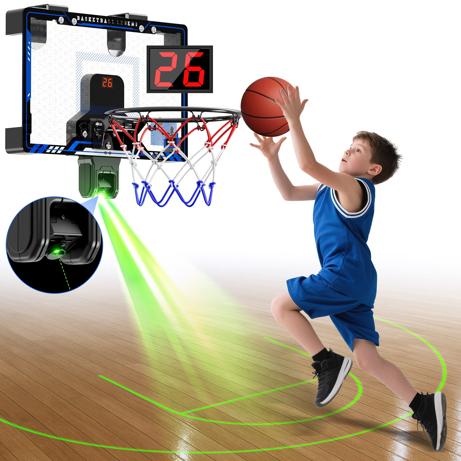 Beefunni Indoor Basketball Hoop with Laser Projection, Electronic Scoring, 3 Game Modes, Basketball Backboard, Cool Gift for Kids