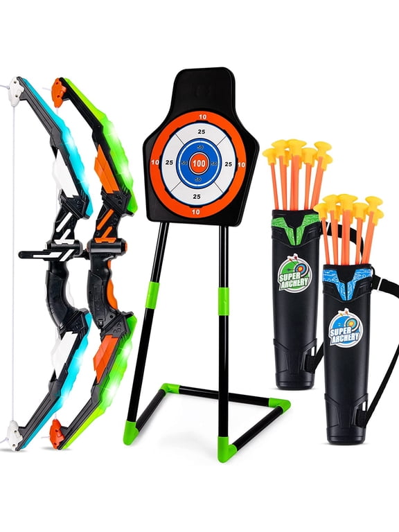 Bow and Arrow for Kids, Light Up Archery Toy Set with 20 Suction Cup Arrows & Standing Target, Indoor Outdoor Gifts Toys for 4 5 6 7 8 Year Old Boys Girls