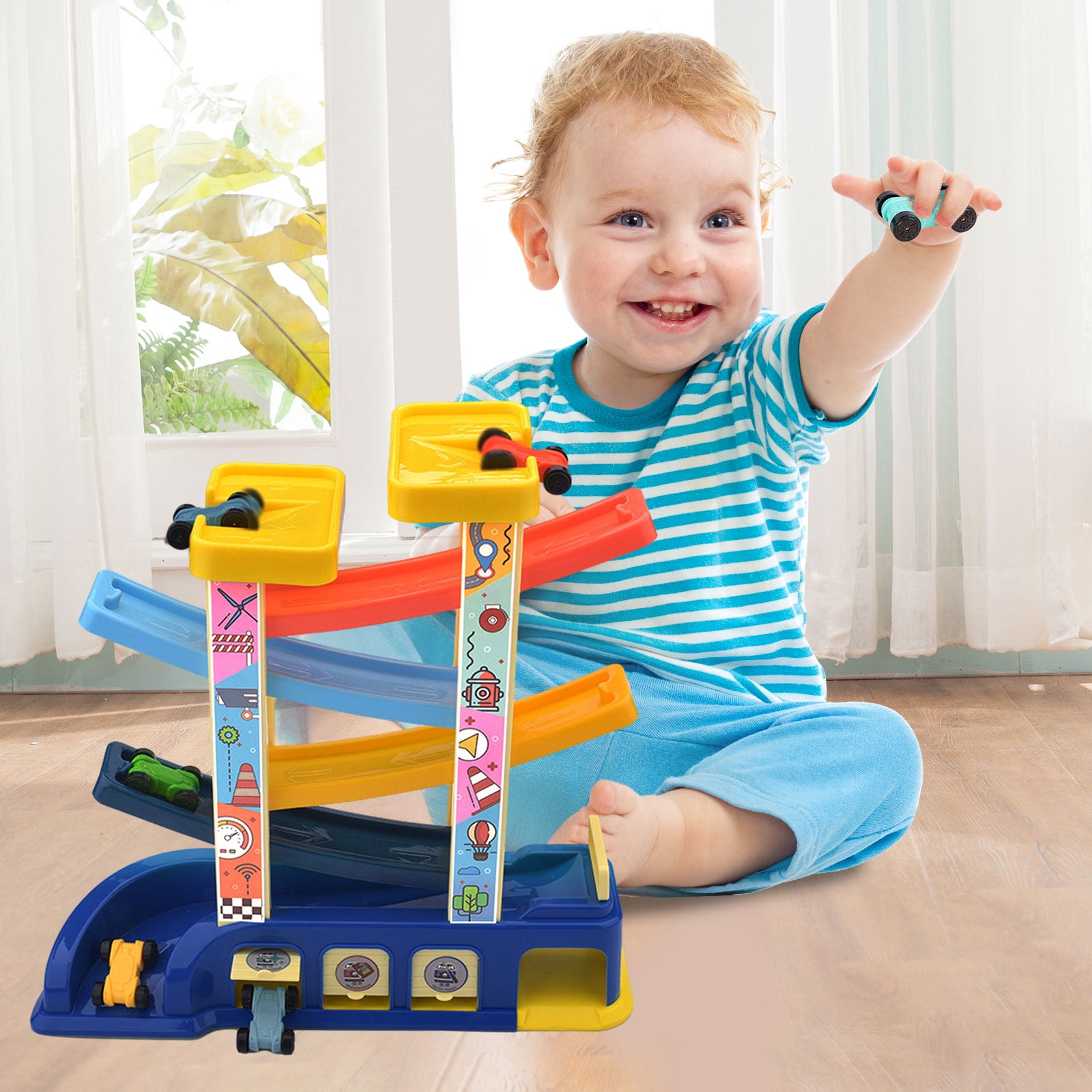 Beefunni Car Ramp Toy for Toddler,Wooden Race Track Car Ramp Racer with