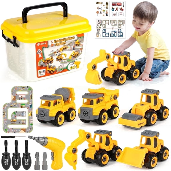 Beefunni Take Apart Construction Truck Set with Electric Drill Tool, 6 Vehicles, Puzzle Map, Road Signs, Mini Figures and Storage Box
