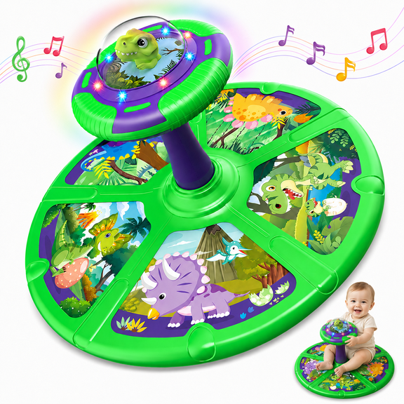 Beefunni Dinosaur Sit and Spin Toy for Toddlers Ages 2-4, 360 Spinning Stool with 3-Mode LED Lights Music, Extra-Wide Indoor Active Play Gift for Boys Girls