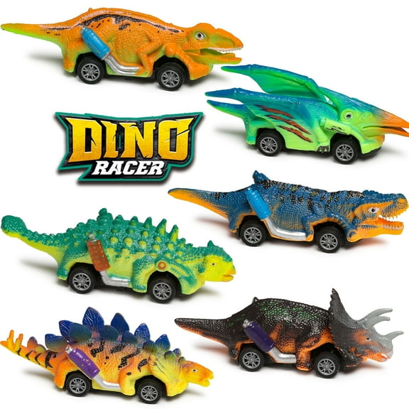 Beefunni Dinosaur Toys, 6-Pack Dinosaur Pull Back Car Toys for Boys 3-5 Years Old, Birthday & Christmas Gifts for Kids Boys. (New Edition)