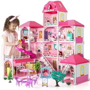 Beefunni Dollhouse for Girls,4 Stories 12 Rooms Dollhouse with 2 Princesses Slide Accessories,Toddler Playhouse Gift for for 3 -6 Year Old Girls Toys