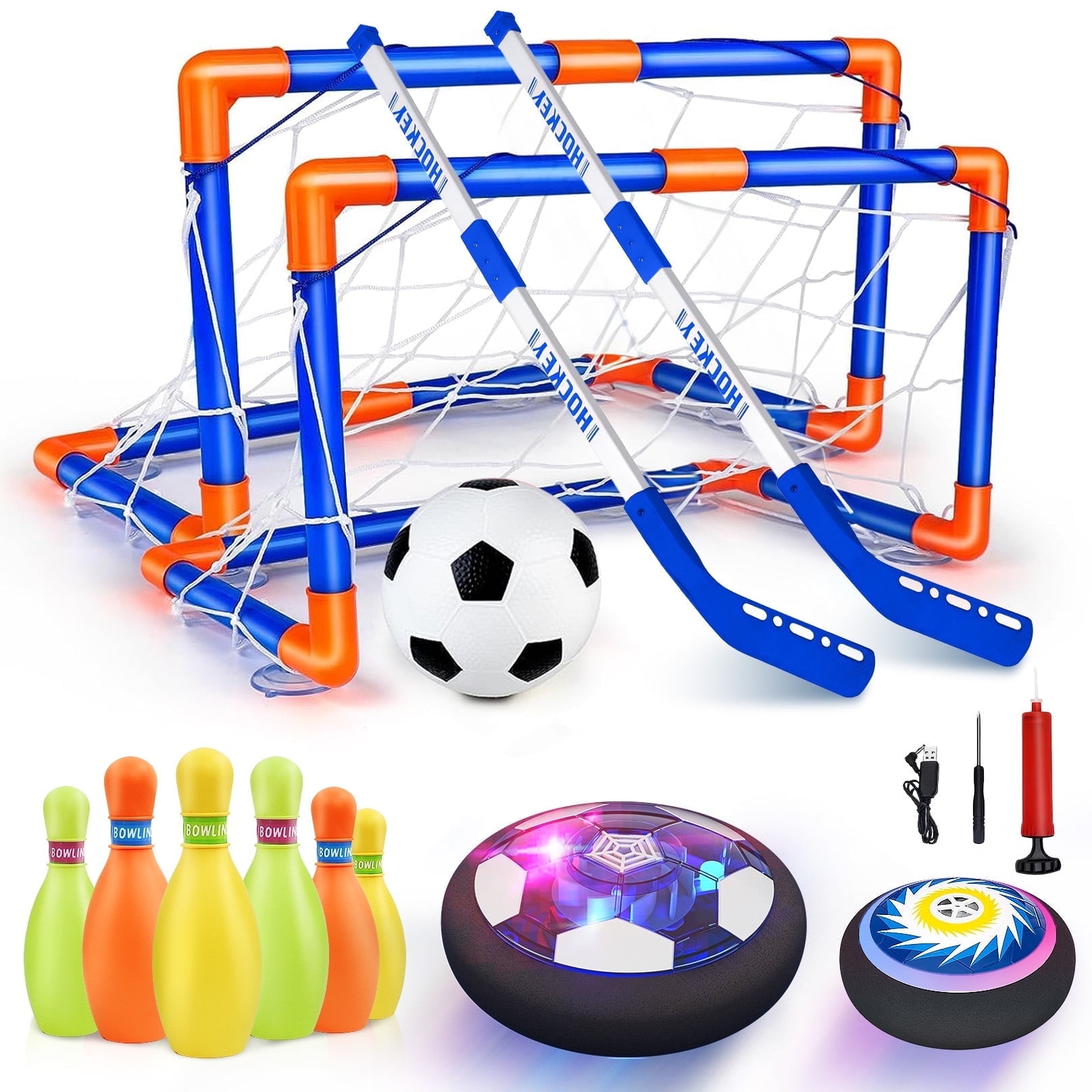 Beefunni Hover Soccer Ball for Kids,4-In-1 Hover Soccer Ball Hockey Bowling Set with LED Lights,Indoor and Outdoor Toys Christmas Birthday Gifts for 3-12 Year Old