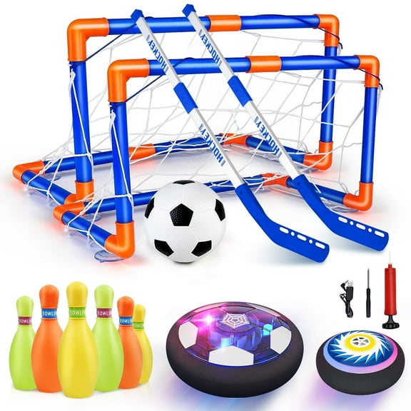 Beefunni Hover Soccer Ball for Kids,4-In-1 Hover Soccer Ball Hockey Bowling Set with LED Lights,Indoor and Outdoor Toys Christmas Birthday Gifts for 3-12 Year Old