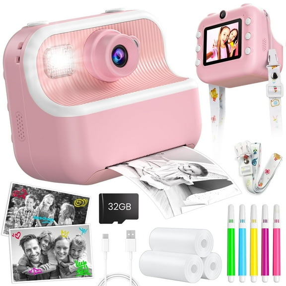Beefunni Kids Digital Camera Instant Print, Birthday Gifts for Girls Boys Age 3-12, HD Selfie Camera with 32GB SD Card, Toy for 3 4 5 6 7 8+ Year Old Kids Toddlers-Pink